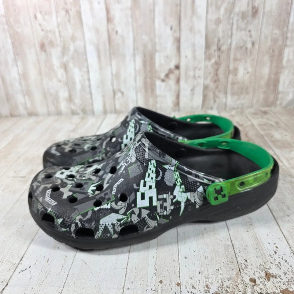 Crocs Minecraft Classic Clogs Mens 13 Black Green Grey Creeper TNT Graphic Shoes